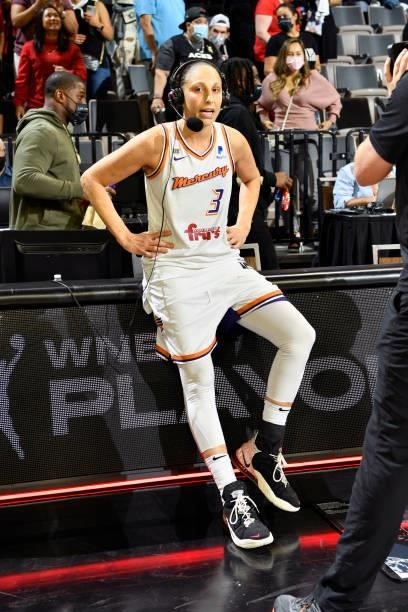 Diana Taurasi of the Phoenix Mercury gets interviewed after winning Game Five of the 2021 WNBA Semifinals against the Las Vegas Aces on October 8,...