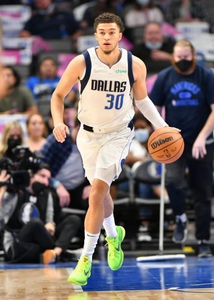 JaQuori McLaughlin of the Dallas Mavericks dribbles the ball during a preseason game against the LA Clippers on October 8, 2021 at the American...
