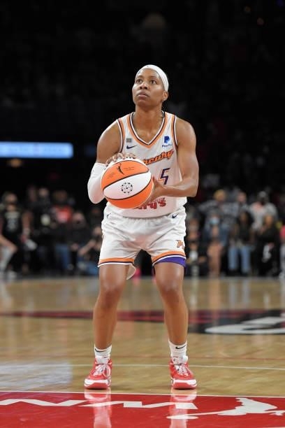 Shey Peddy of the Phoenix Mercury shoots a free throw against the Las Vegas Aces during Game Five of the 2021 WNBA Semifinals on October 8, 2021 at...