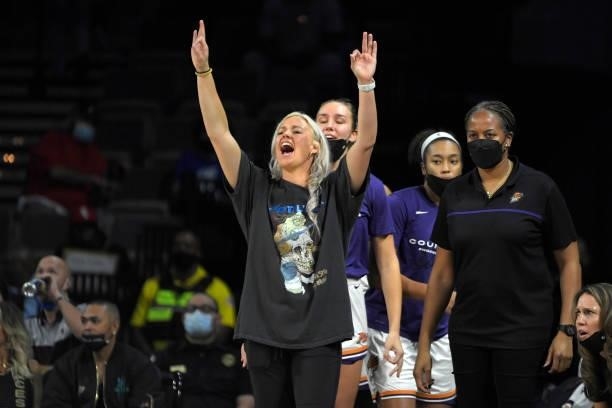 Sophie Cunningham of the Phoenix Mercury celebrates a three point basket against the Las Vegas Aces during Game Five of the 2021 WNBA Semifinals on...