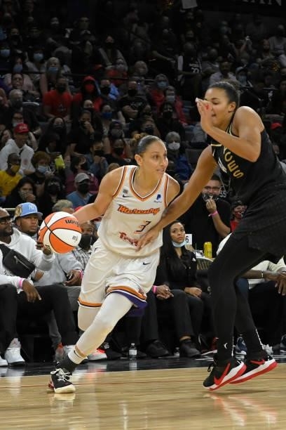 Diana Taurasi of the Phoenix Mercury drives to the basket against the Las Vegas Aces during Game Five of the 2021 WNBA Semifinals on October 8, 2021...