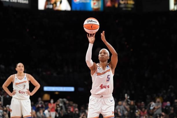 Shey Peddy of the Phoenix Mercury shoots a free throw against the Phoenix Mercury during Game Five of the 2021 WNBA Semifinals on October 8, 2021 at...