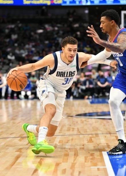 JaQuori McLaughlin of the Dallas Mavericks dribbles the ball during a preseason game against the LA Clippers on October 8, 2021 at the American...