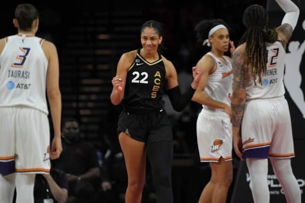 Ja Wilson of the Las Vegas Aces celebrates against the Phoenix Mercury during Game Five of the 2021 WNBA Semifinals on October 8, 2021 at Michelob...