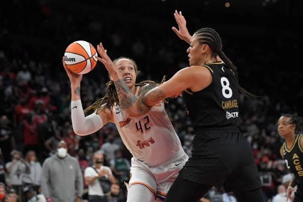 Liz Cambage of the Las Vegas Aces plays defense on Brittney Griner of the Phoenix Mercury during Game Five of the 2021 WNBA Semifinals on October 8,...