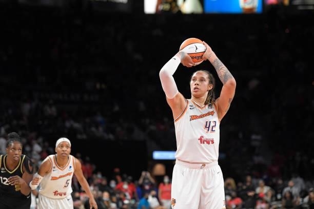 Brittney Griner of the Phoenix Mercury shoots a free throw against the Las Vegas Aces during Game Five of the 2021 WNBA Semifinals on October 8, 2021...