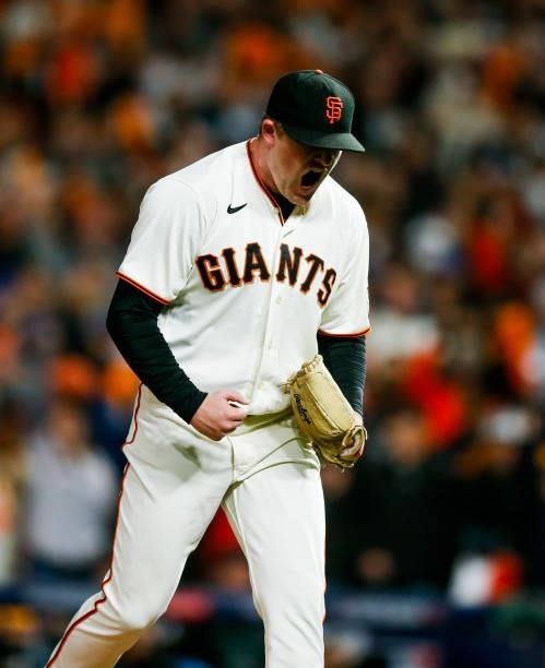 Logan Webb of the San Francisco Giants reacts after a strikeout in the sixth inning during Game 1 of the NLDS between the Los Angeles Dodgers and the...