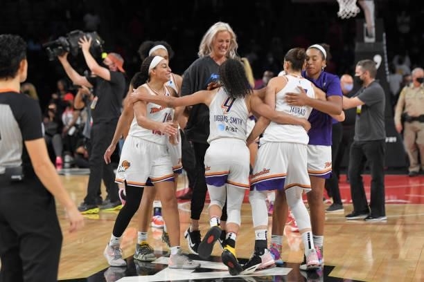 The Phoenix Mercury celebrate after winning Game Five of the 2021 WNBA Semifinals on October 8, 2021 at Michelob ULTRA Arena in Las Vegas, Nevada....