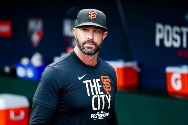 Gabe Kapler of the San Francisco Giants looks on during Game 1 of the NLDS between the Los Angeles Dodgers and the San Francisco Giants at Oracle...