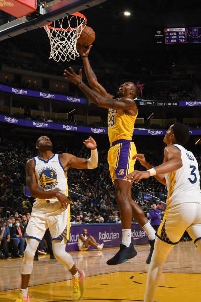 Dwight Howard of the Los Angeles Lakers shoots the ball during a preseason game against the Golden State Warriors on October 8, 2021 at Chase Center...
