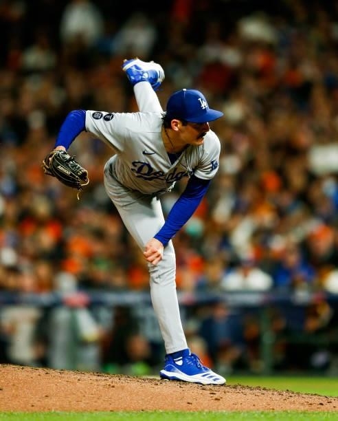 Alex Vesia of the Los Angeles Dodgers pitches during Game 1 of the NLDS between the Los Angeles Dodgers and the San Francisco Giants at Oracle Park...