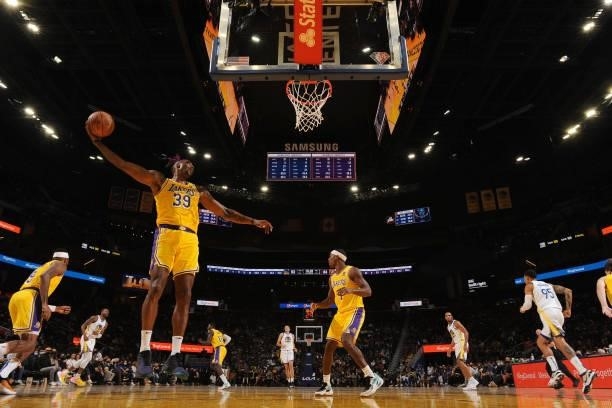Dwight Howard of the Los Angeles Lakers catches the rebound during a preseason game against the Golden State Warriors on October 8, 2021 at Chase...