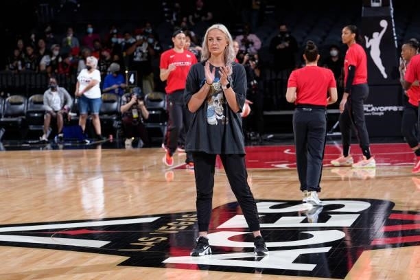 Sophie Cunningham of the Phoenix Mercury looks on prior to a game against the Las Vegas Aces during Game Five of the 2021 WNBA Semifinals on October...