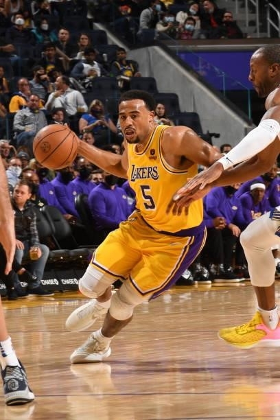 Talen Horton-Tucker of the Los Angeles Lakers drives to the basket during a preseason game against the Golden State Warriors on October 8, 2021 at...