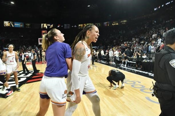 Brittney Griner of the Phoenix Mercury celebrates after winning Game Five of the 2021 WNBA Semifinals against the Las Vegas Aces on October 8, 2021...