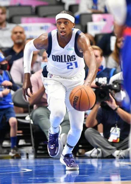 Frank Ntilikina of the Dallas Mavericks dribbles the ball during a preseason game against the LA Clippers on October 8, 2021 at the American Airlines...