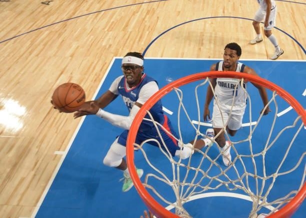 Reggie Jackson of the LA Clippers shoots the ball during a preseason game against the Dallas Mavericks on October 8, 2021 at the American Airlines...