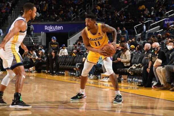 Malik Monk of the Los Angeles Lakers handles the ball against the Golden State Warriors on October 8, 2021 at Chase Center in San Francisco,...