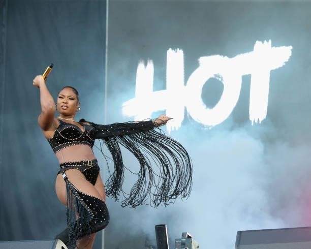 Megan Thee Stallion performs in concert during the second weekend of Austin City Limits Music Festival at Zilker Park on October 8, 2021 in Austin,...