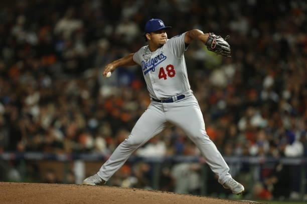 Brusdar Graterol of the Los Angeles Dodgers pitches during Game 1 of the NLDS between the Los Angeles Dodgers and the San Francisco Giants at Oracle...