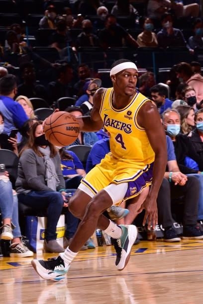 Rajon Rondo of the Los Angeles Lakers handles the ball during a preseason game against the Golden State Warriors on October 8, 2021 at Chase Center...