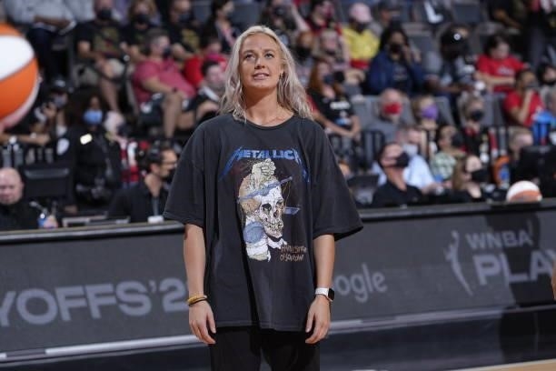 Sophie Cunningham of the Phoenix Mercury looks on prior to a game against the Las Vegas Aces during Game Five of the 2021 WNBA Semifinals on October...