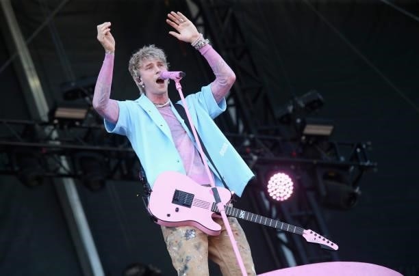 Machine Gun Kelly performs in concert during the second weekend of Austin City Limits Music Festival at Zilker Park on October 8, 2021 in Austin,...