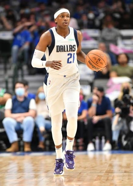 Frank Ntilikina of the Dallas Mavericks dribbles the ball during a preseason game against the LA Clippers on October 8, 2021 at the American Airlines...