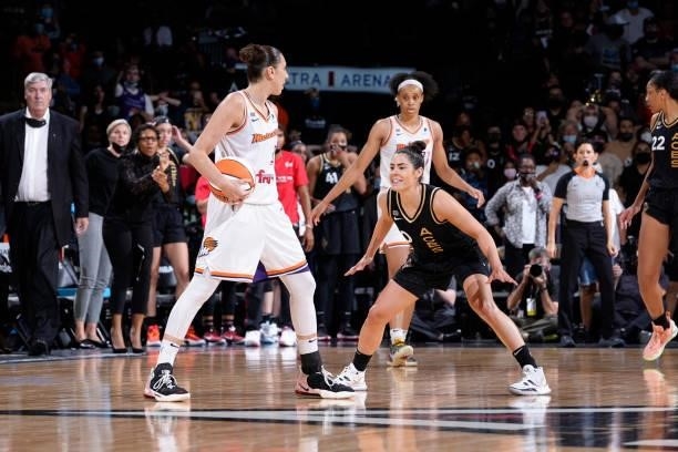 Kelsey Plum of the Las Vegas Aces plays defense during the game against the Phoenix Mercury during Game Five of the 2021 WNBA Semifinals on October...