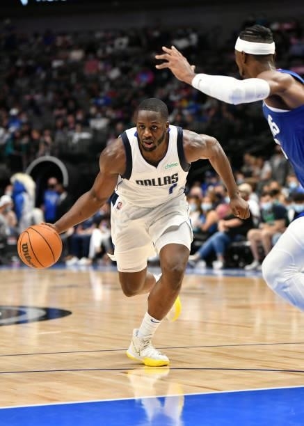 Eugene Omoruyi of the Dallas Mavericks dribbles the ball during a preseason game against the LA Clippers on October 8, 2021 at the American Airlines...