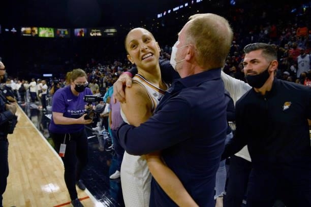 Diana Taurasi of the Phoenix Mercury celebrates after winning Game Five of the 2021 WNBA Semifinals against the Las Vegas Aces on October 8, 2021 at...
