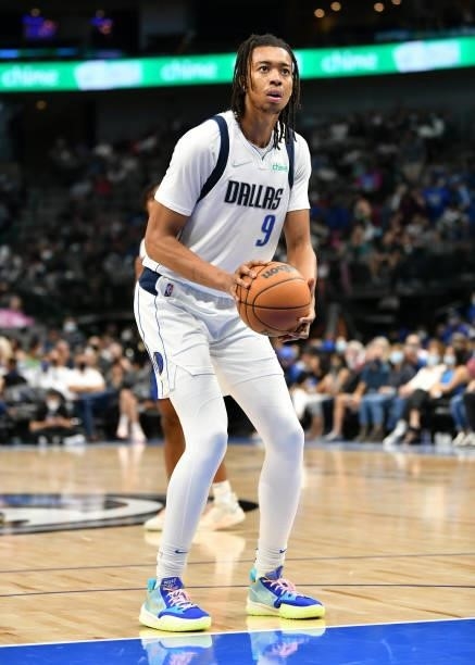 Moses Brown of the Dallas Mavericks looks on during a preseason game against the LA Clippers on October 8, 2021 at the American Airlines Center in...