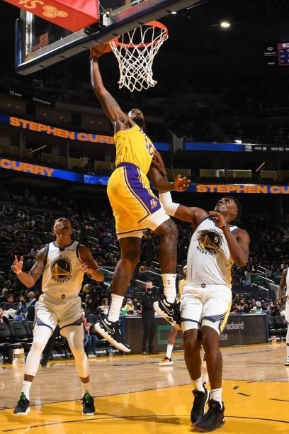 DeAndre Jordan of the Los Angeles Lakers drives to the basket during a preseason game against the Golden State Warriors on October 8, 2021 at Chase...