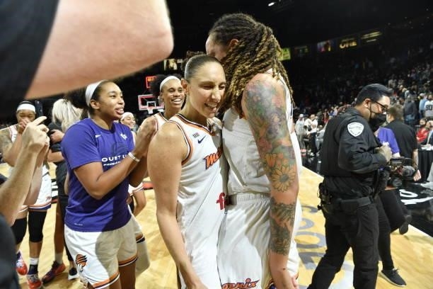 Diana Taurasi and Brittney Griner of the Phoenix Mercury celebrates after winning Game Five of the 2021 WNBA Semifinals against the Las Vegas Aces on...