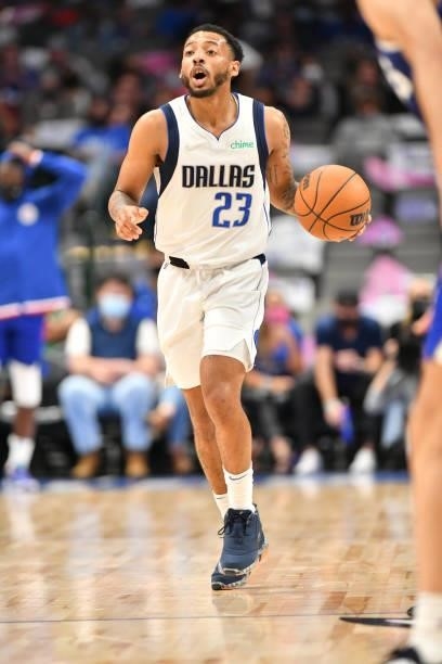 Carlik Jones of the Dallas Mavericks dribbles the ball during a preseason game against the LA Clippers on October 8, 2021 at the American Airlines...