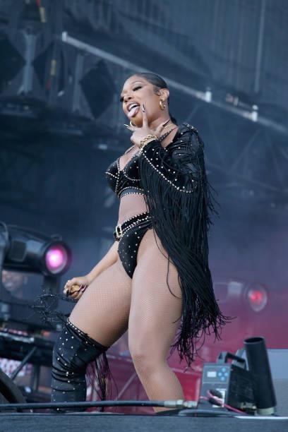 Megan Thee Stallion performs in concert during the second weekend of Austin City Limits Music Festival at Zilker Park on October 8, 2021 in Austin,...