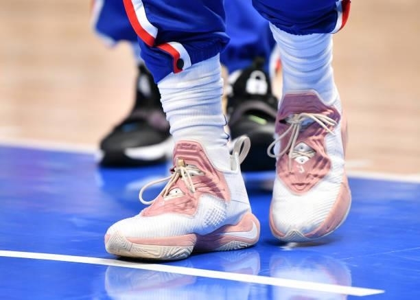The sneakers of Eric Bledsoe of the LA Clippers during a preseason game against the Dallas Mavericks on October 8, 2021 at the American Airlines...