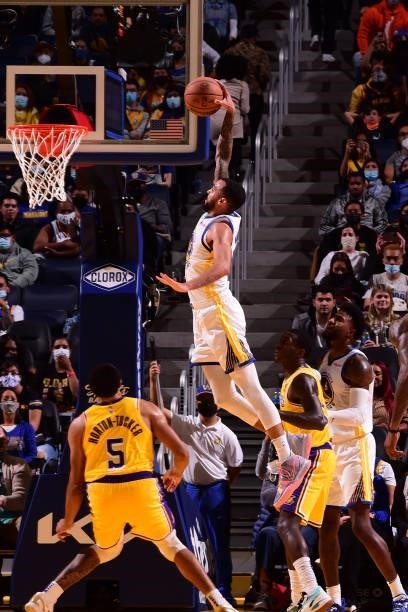Mychal Mulder of the Golden State Warriors dunks the ball during a preseason game against the Los Angeles Lakers on October 8, 2021 at Chase Center...
