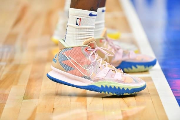 The sneakers of Harry Giles III of the LA Clippers during a preseason game against the Dallas Mavericks on October 8, 2021 at the American Airlines...