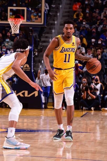 Trevor Ariza of the Los Angeles Lakers dribbles the ball during a preseason game against the Golden State Warriors on October 8, 2021 at Chase Center...
