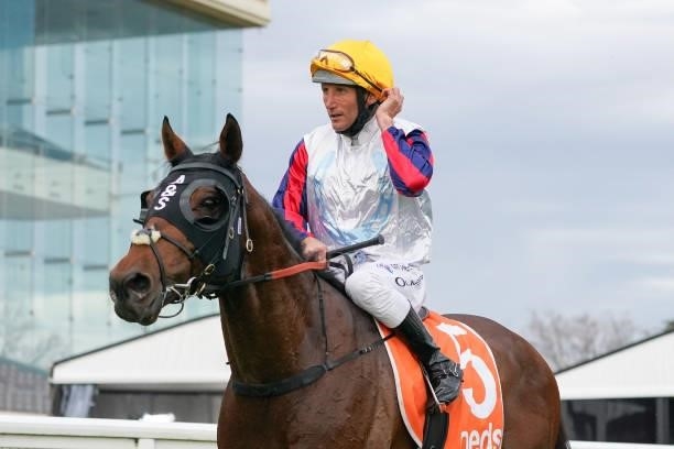 Delphi ridden by Damien Oliver returns to the mounting yard after winning the Neds Herbert Power Stakes at Caulfield Racecourse on October 09, 2021...