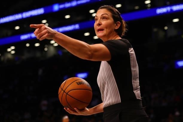 Referee Lauren Holtkamp-Sterling in action during the game between the Brooklyn Nets and the Milwaukee Bucks at Barclays Center on October 08, 2021...