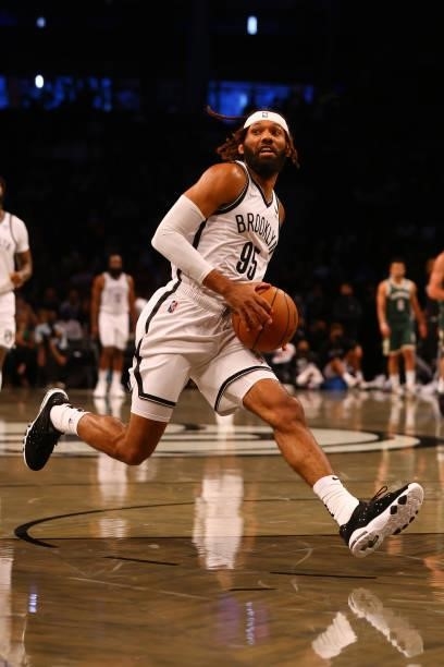 DeAndre' Bembry of the Brooklyn Nets in action against the Milwaukee Bucks at Barclays Center on October 08, 2021 in New York City. NOTE TO USER:...