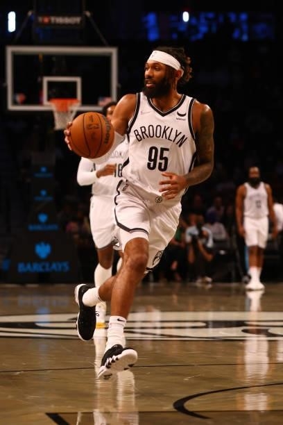 DeAndre' Bembry of the Brooklyn Nets in action against the Milwaukee Bucks at Barclays Center on October 08, 2021 in New York City. NOTE TO USER:...