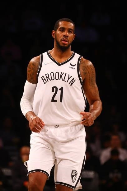 LaMarcus Aldridge of the Brooklyn Nets in action against the Milwaukee Bucks at Barclays Center on October 08, 2021 in New York City. NOTE TO USER:...