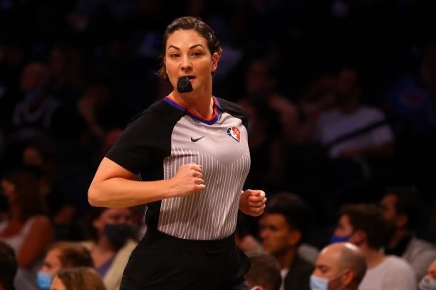 Referee Lauren Holtkamp-Sterling in action during the game between the Brooklyn Nets and the Milwaukee Bucks at Barclays Center on October 08, 2021...