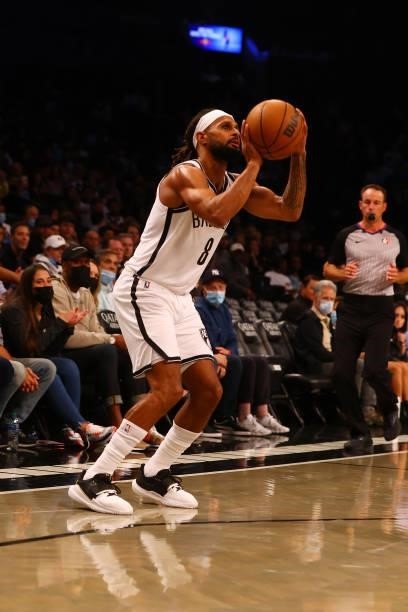 Patty Mills of the Brooklyn Nets in action against the Milwaukee Bucks at Barclays Center on October 08, 2021 in New York City. NOTE TO USER: User...