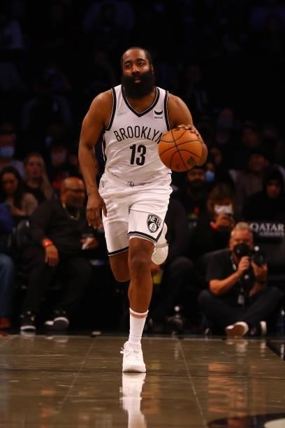 James Harden of the Brooklyn Nets in action against the Milwaukee Bucks at Barclays Center on October 08, 2021 in New York City. NOTE TO USER: User...