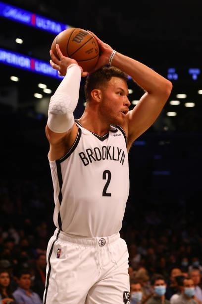 Blake Griffin of the Brooklyn Nets in action against the Milwaukee Bucks at Barclays Center on October 08, 2021 in New York City. NOTE TO USER: User...