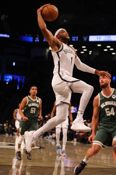 Bruce Brown of the Brooklyn Nets in action against the Milwaukee Bucks at Barclays Center on October 08, 2021 in New York City. NOTE TO USER: User...